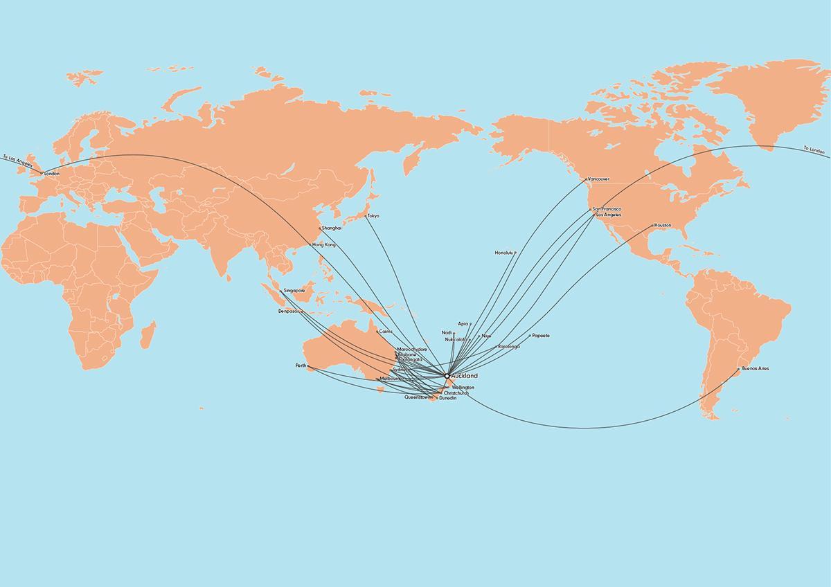 udara new zealand peta laluan antarabangsa